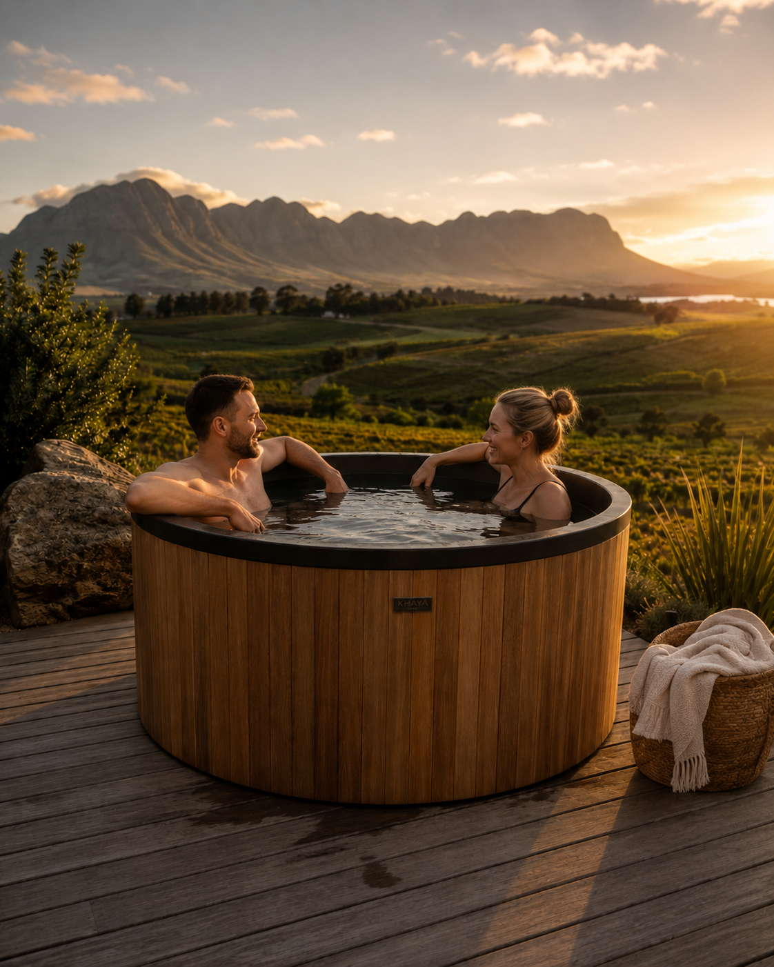 Couple in cold plunge with Winelands mountain view